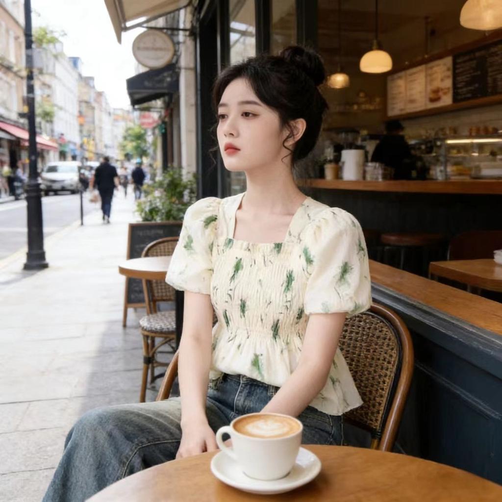 Summer short Spice Girl square collar coffee break light color new flared sleeves thin pullover French casual short-sleeved top women