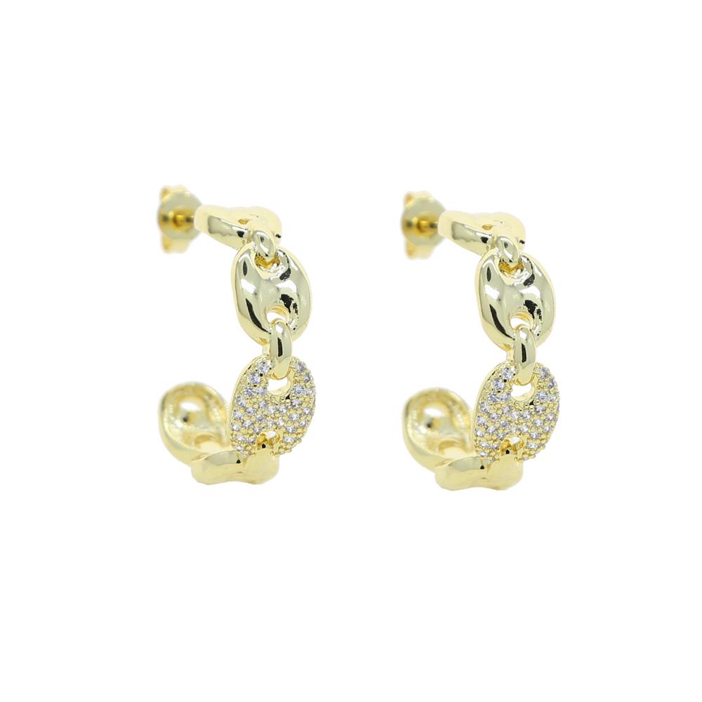 18K Gold Plated Geometric Oval Beaded Link Chain 5A CZ 24MM Hoop Earring for Women