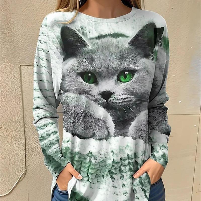 Women's 3d Colorful Cartoon Kawaii Cat Print Autumn Long Sleeve Tops Women's T-Shirt O-Neck Oversized Ladies Clothing