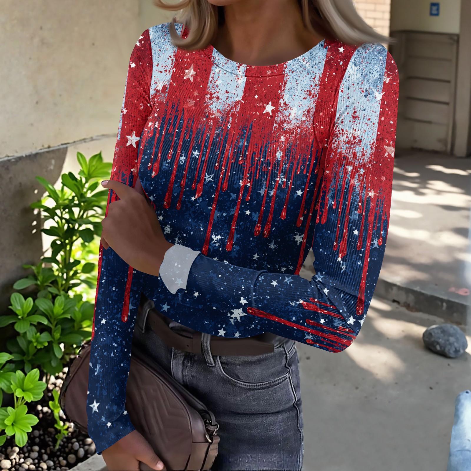 

Женский повседневный модный топ с круглым вырезом, принтом ко Дню независимости, длинным рукавом и рубчатой текстурой L синий