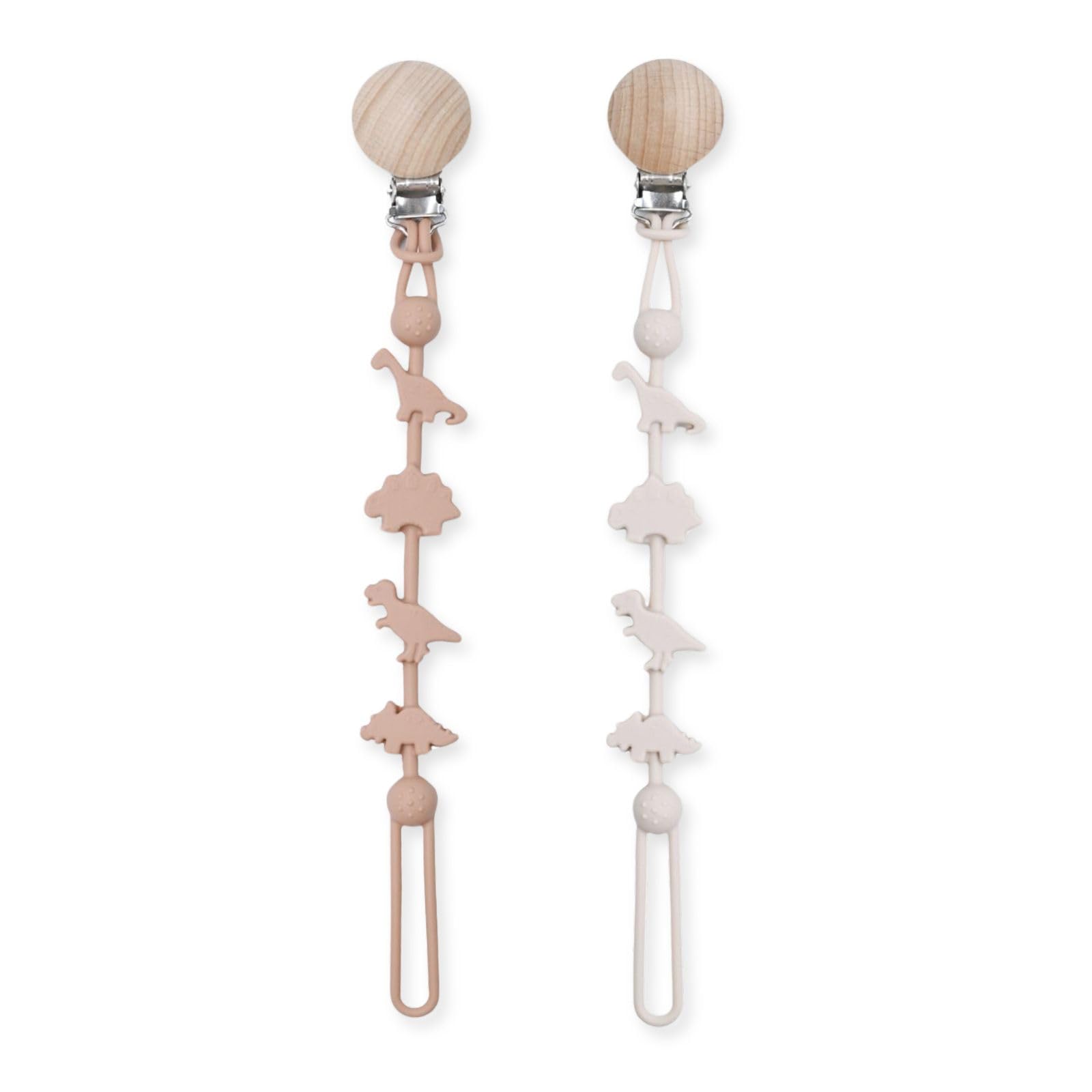 

Set of 2 Dinosaur Silicone Pacifier Holders with Clips [Lelimo] (Brown & Ivory)
