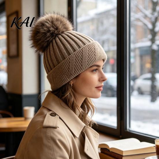 Machine Washable Winter Caps Knitted Hat for Women, Cold Weather Fleece Lined with Pom Thermal Hats Girls Pom, Chunky Snow Hat, Soft Ribbed