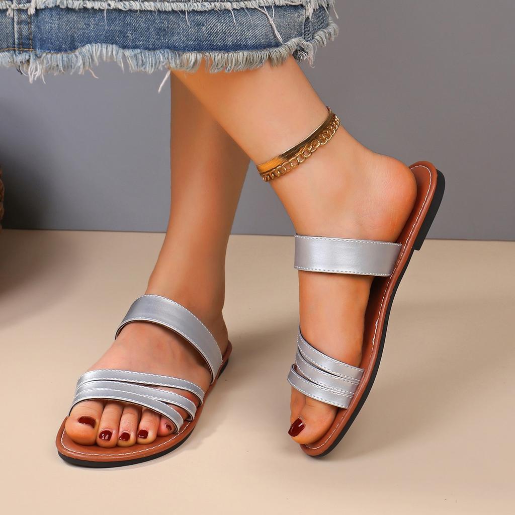 Flat-bottomed slippers women's new solid-color round head outer wear casual sandals women's shoes