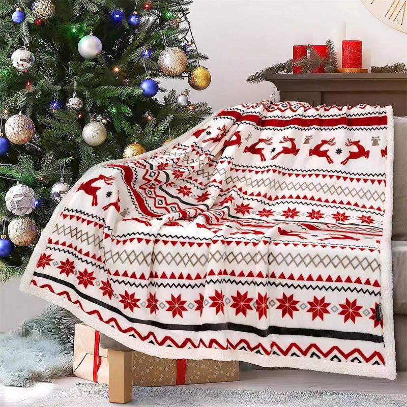 Christmas Reindeer Throw Blanket Double Layer Thicken Fluffy Soft,Warm,Fleece Flannel Santa Claus Snowman Blanket Home Gift