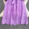 Retro Palace Temperament Round Neck Waist Show Thin Hook Flower Hollow a Word Lace Dress Elegant Large Skirt