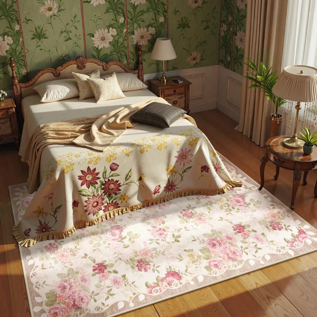 Tappeto Rosa Floreale Vintage Giardino di Rose Tappeto Botanico Rosa Morbido Tappetino Soggiorno Shabby Chic Tappeto Floreale d'Accento Camera da Letto