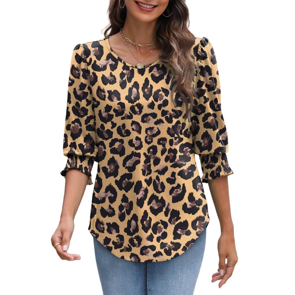Women's Clothing, Spring, Loose, Casual, Printed, Seven Quarter Sleeves, Round Neck, T-shirt, Top