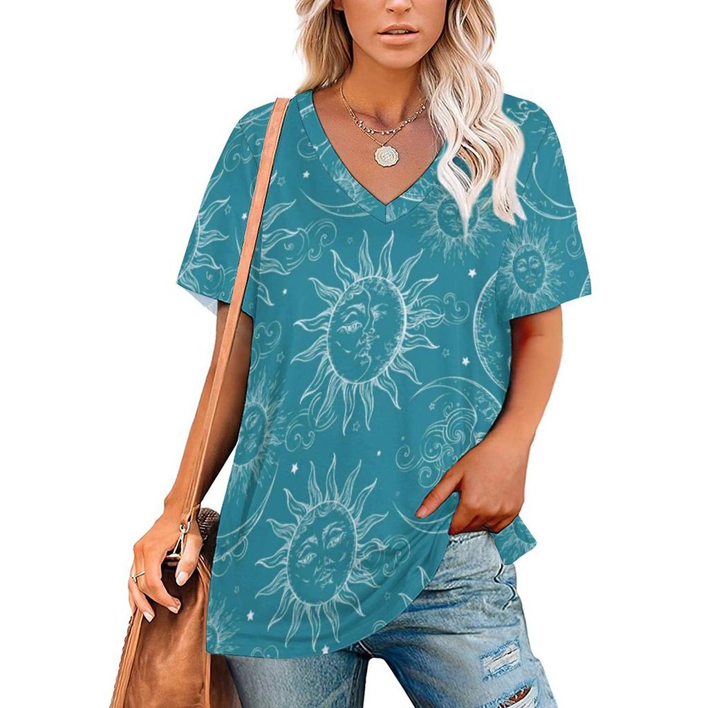 Vintage Moon T-Shirt Tarot Art Collage Retro T Shirts V Neck Short-Sleeve Printed Tshirt Women Classic Top Tees Big Size 3XL 4XL