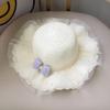 Girls Straw Hat With Pearl Bow And Mesh Wide Brim Wavy Edge Sun Protection Beach Summer Cap For Kids