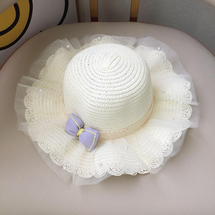 Girls Straw Hat With Pearl Bow And Mesh Wide Brim Wavy Edge Sun Protection Beach Summer Cap For Kids