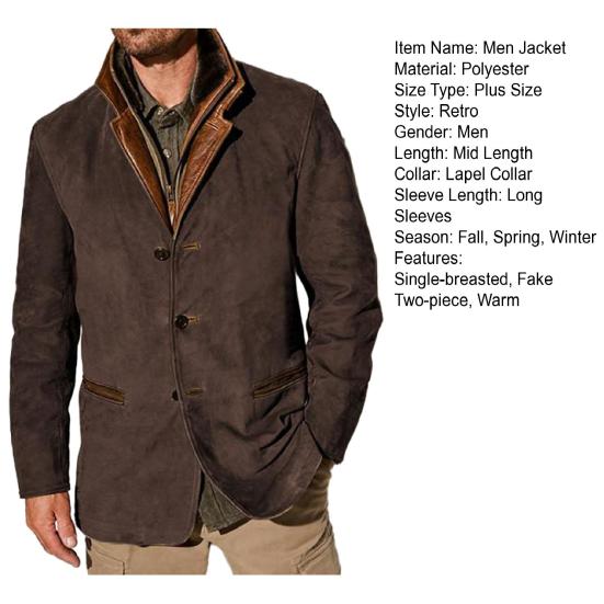 Winter Fall Men Jacket Retro Patchwork Fake Two-piece Fake Pockets Single-breasted Cardigan