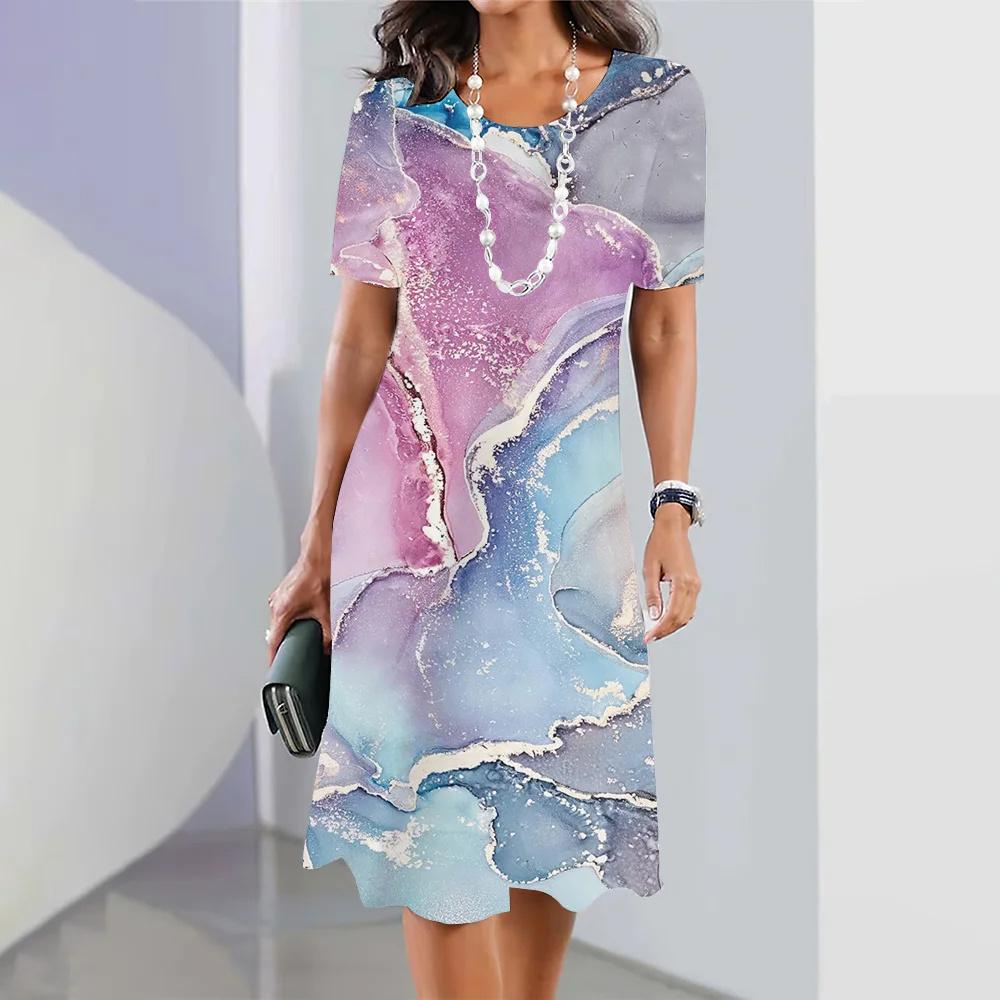 Fashion Women s Clothes Striped Printed Dress Women s Elegant and Cute Party Dress Summer Short-sleeved Pullover Color Impact Dress S