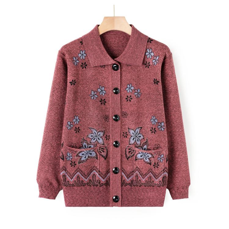 Old Lady Autumn Clothes Lapel Sweater Female Elderly Mother Sweater Jacket Autumn Clothes Mother-in-law Knitted Cardigan