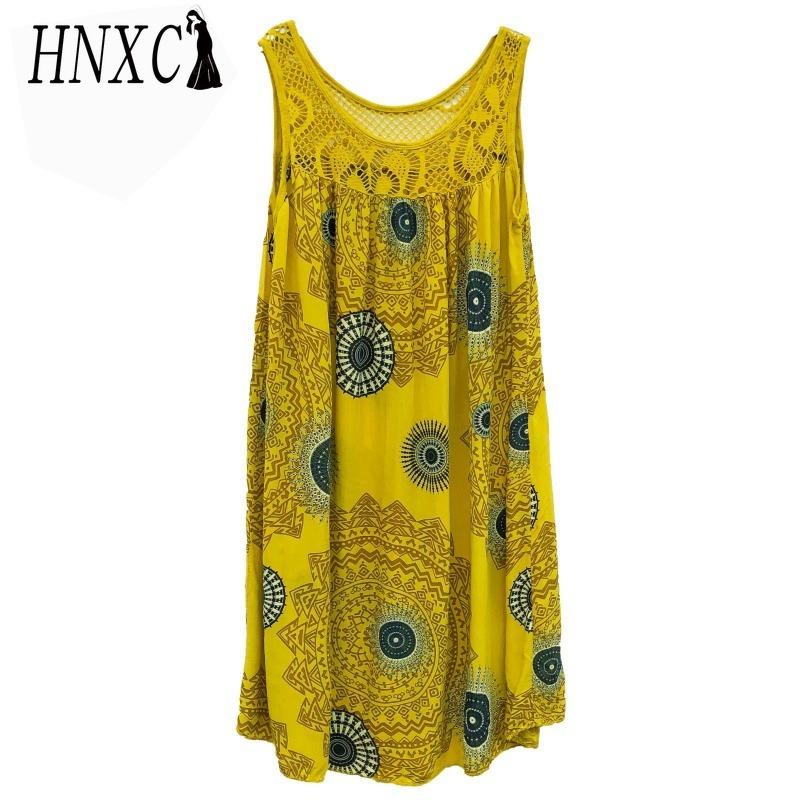 HNXC Women's Fashion Summer Spring Solid Color Print Sleeveless O-Neck High Waist Casual Dresses