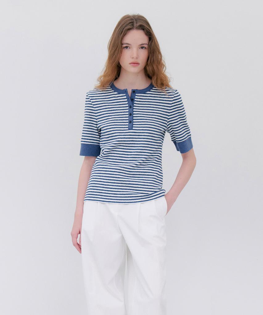 NOTIA Henly Neck Half Sleeve T-Shirts - Blue Stripe