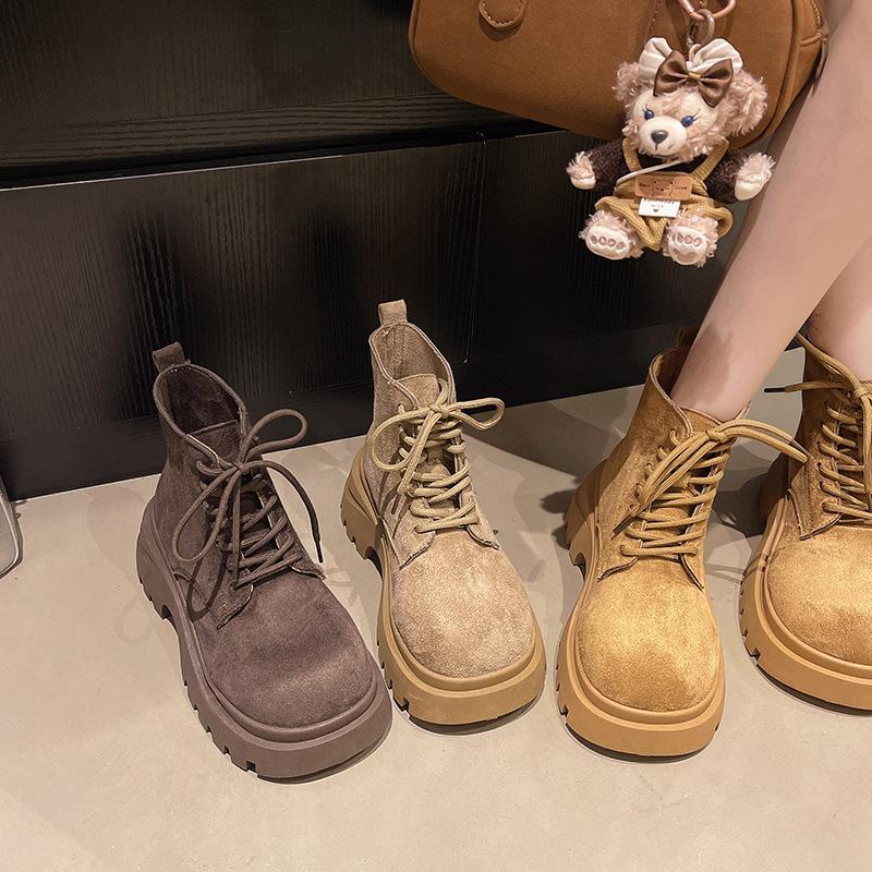 Thick-soled heightening Martin boots women's 2025 autumn new front lace-up retro locomotive boots small lace-up short boots
