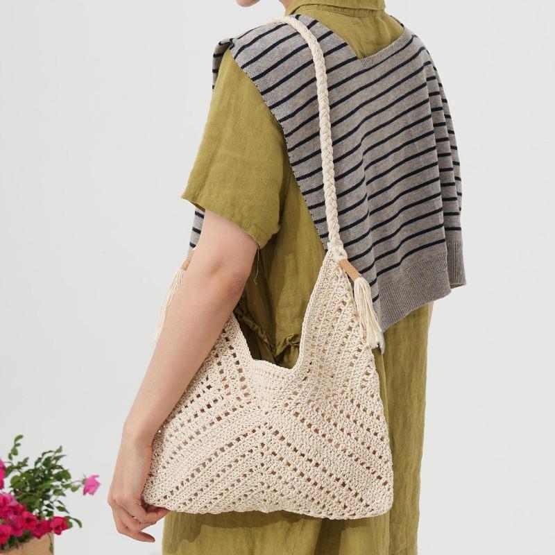 New Lazy Cotton Thread Straw Bag Women's Handmade Hollow Woven Bag Large Capacity Versatile Shoulder Holiday Beach Bag