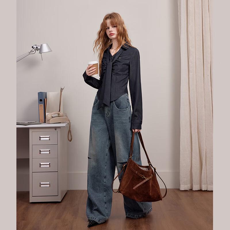 UNIFREE Women's Retro Pleated Long Sleeve Shirt with Tie