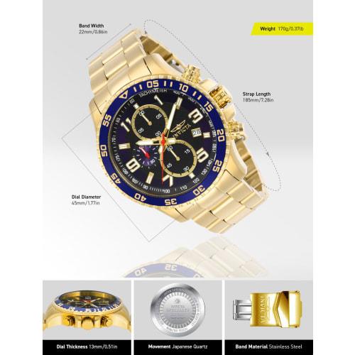 Invicta Specialty Quartz Watch, 45mm Case, Gold with Stainless Steel Strap, Black with Blue Dial, 14878, Men's, Officially Imported