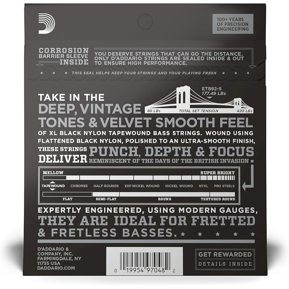 D'Addario Daddario Bass Strings Black Nylon Wound Long 5 Strings .050-.135 ETB92-5 [Domestic Genu...