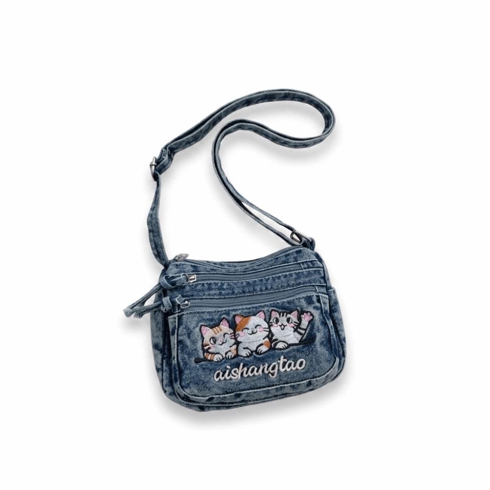 Washed Denim Crossbody Bag Adjustable Strap Messenger Bag Cat Embroidery Shoulder Bag Ladies