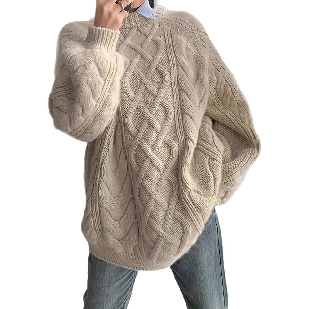 Cross-border Autumn and Winter New Round Neck Loose Soft Waxy Lazy Wind Knitted Sweater Korean Version Twist Rope Pullover Large Size Top