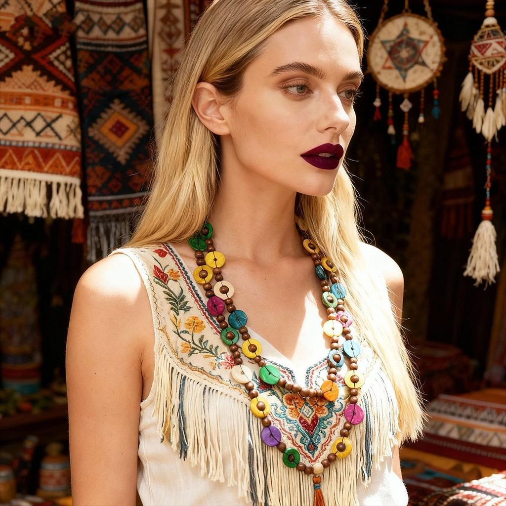 Vacation Style Coconut Shell Wood Beaded Multilayer Sweater Chain Bohemian Necklace