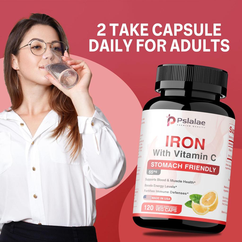 Pslalae Iron Capsules with Vitamin C for Supports Blood Health Boosts Energy Level Fortifies Immune Defenses for Women & Men