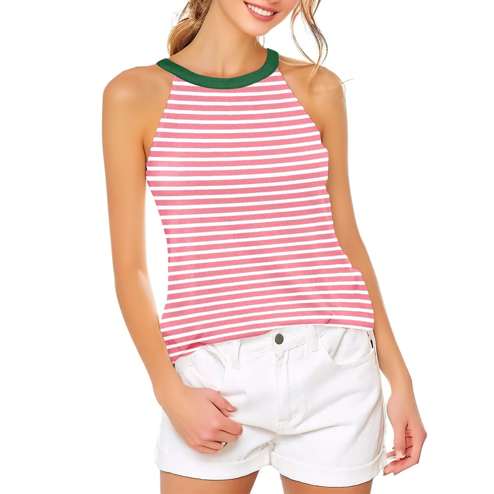 

Жіночий повсякденний зручний регульований сексуальний топ-жилет з відкритою спиною в модну смужку XXL рожевий