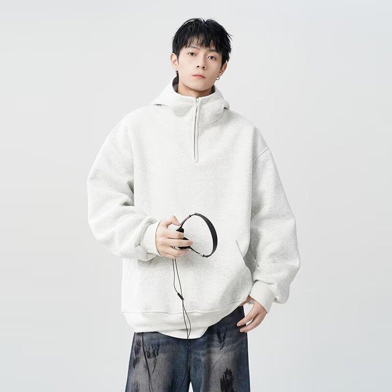 Autumn Winter New Cleanfit Half-Zip High Neck Sweatshirt Jacket Men's Pullover Loose Trendy Simple Gray Top