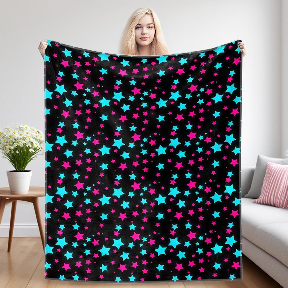 Neon Pink Cyan Star Dots Winter And Summer French Plush Blanket Soft And Fluffy Comfortable Wool Blanket Sofa Ideal Gift