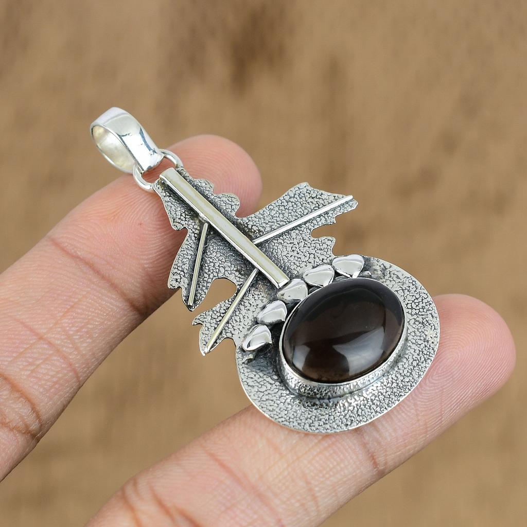 Oval Natural Smokey Quartz Ethnic Handcrafted Wedding Pendant Jewelry 925 Silver