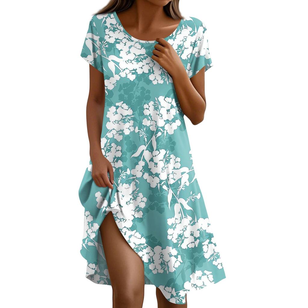 Short Sleeve Boho Dress For Women Casual Loose Fit Summer Sundress Floral Print Dress With Pockets