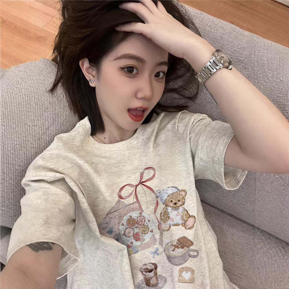 Women Plus Size Cotton Short Sleeve T-Shirt Cute Bear Print Loose Oversized Crew Neck Summer Casual Tee Tops For 100-300Lbs