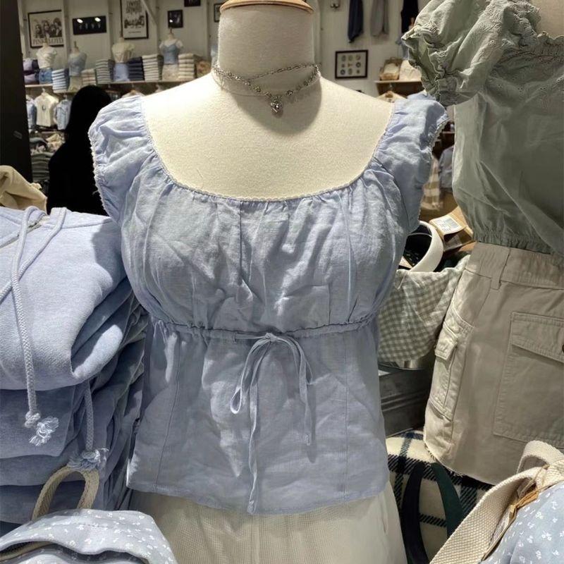 

BM Waist-Controlled Lace-up Solid Color Short Sleeve Slim and Sexy Drawstring Light blue All yards