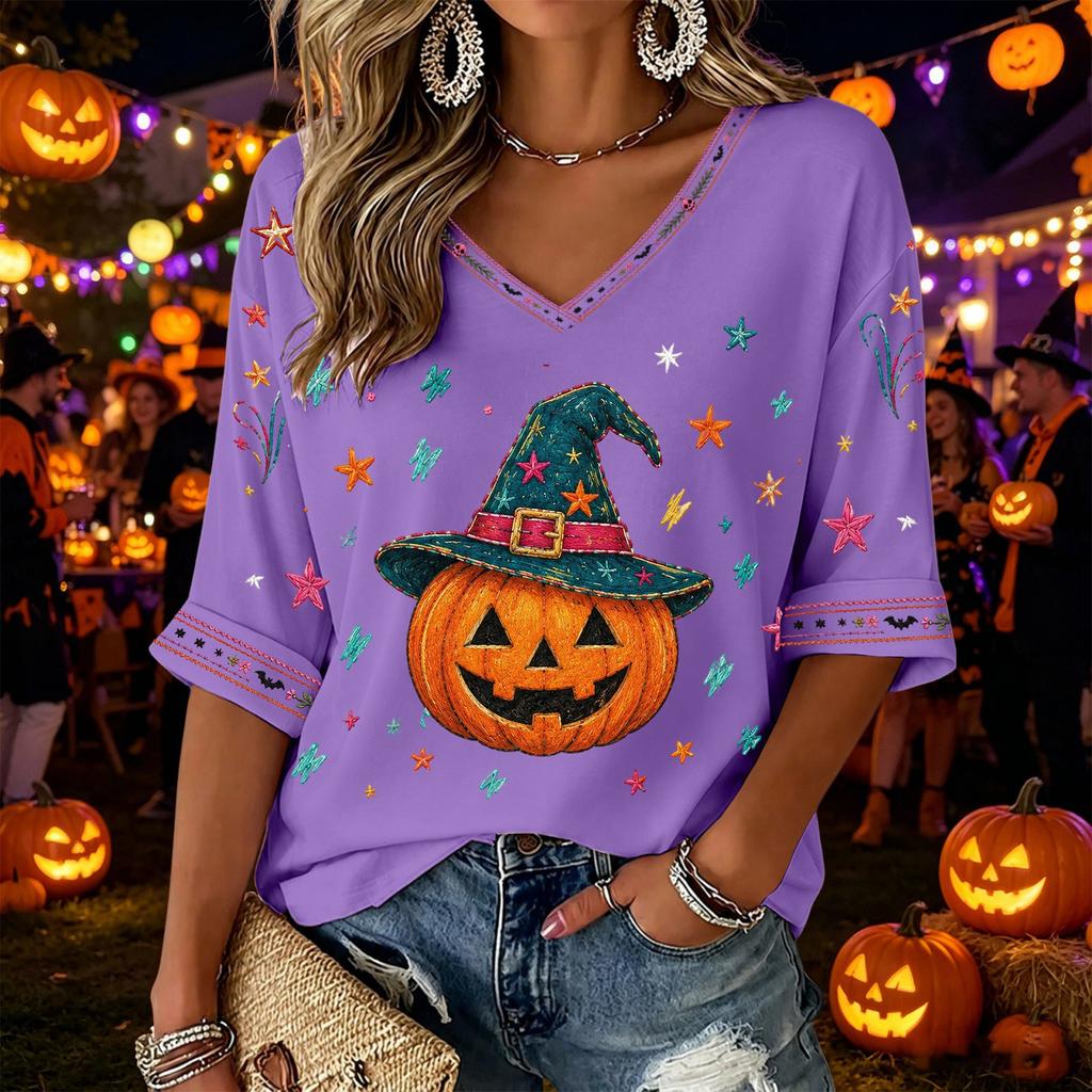 Women's V-Neck Three-Quarter Sleeve Halloween Print Blouse for Party and Costume Wear