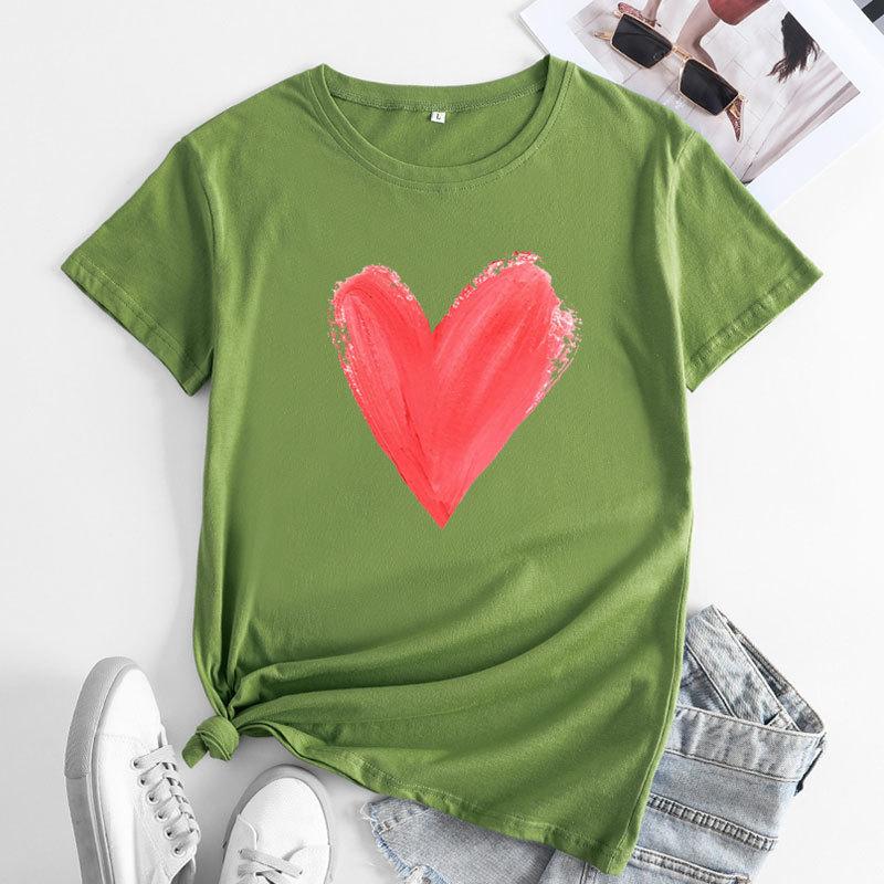 Summer women's plus size heart-shaped printed pure cotton loose round neck short sleeved T-shirts Women's