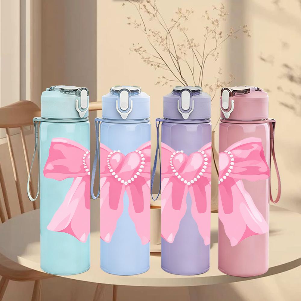 1PC Simple Large Pink Bow 750ml Color Plastic Sports Water Bottle Leakproof Flip Straw Lid Suitable for Sports Office Home Use