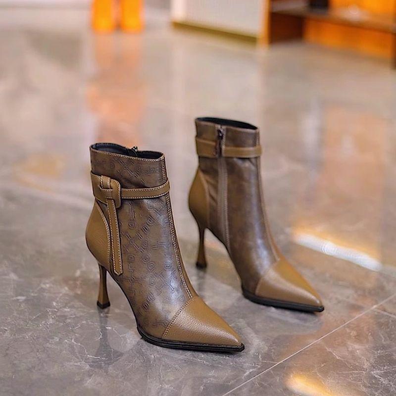 2025 Autumn/Winter Pointed Toe Side Zipper High Heel Soft Leather Women's Stiletto Boots with Buckle.