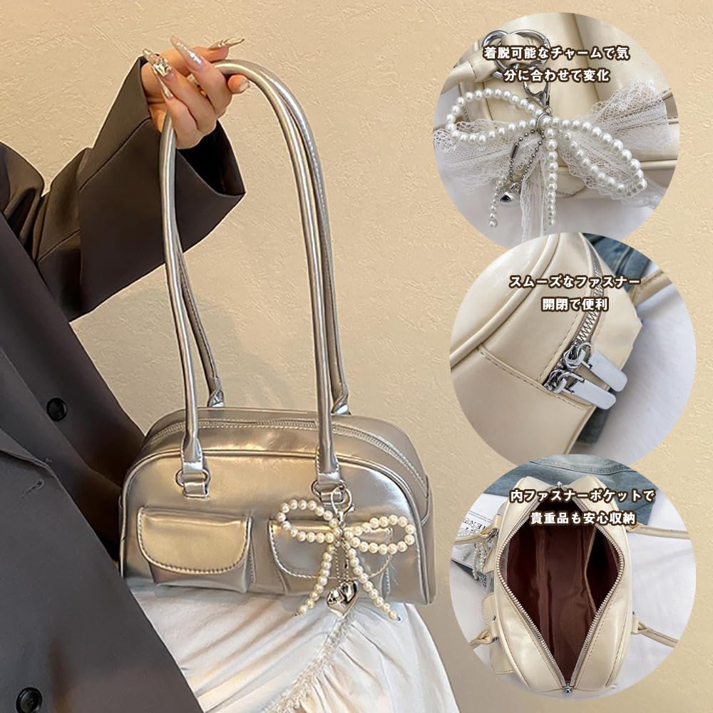 LIKENNY Ribbon Boston A4 Large Horizontal Ribbon and Bow Shoulder Cute Bag, Size, Capacity, Design, Women's Bag, Popular, Stylish, (Silver)