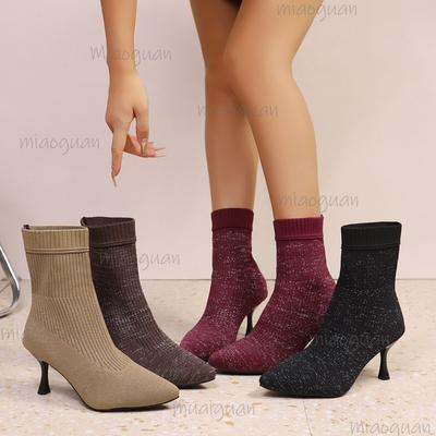 Size36-43 Women's Stiletto High Heel Pointed Toe Stretch Fabric Fashion Boots 2026 Autumn Winter Elegant Short Boots Botas Mujer