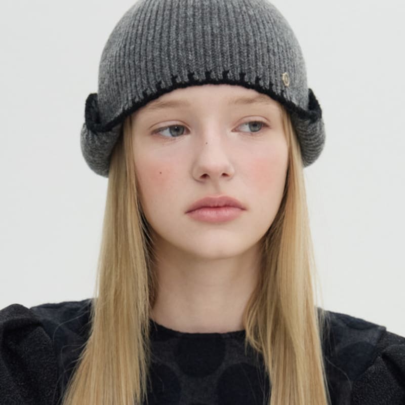 Brown Hat Stitch Point Ear Flap Beanie - Grey