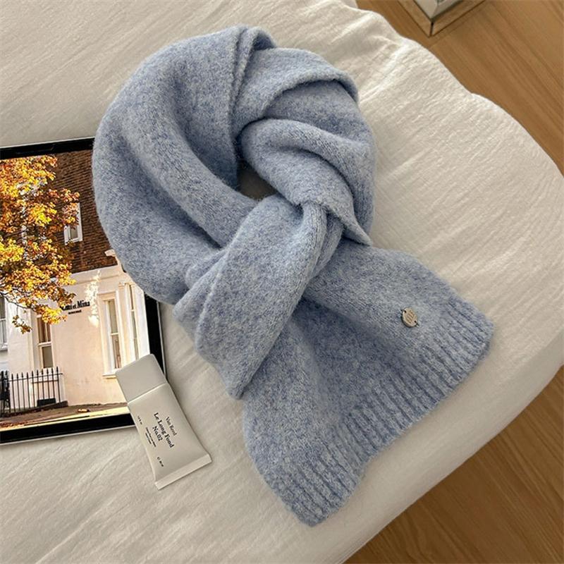 Luxury  Metal Logo Woolen Blends Women S Knitted Scarf Winter Warm Neckerchief Pashmina Korean Soft Muffler Neck Foulard