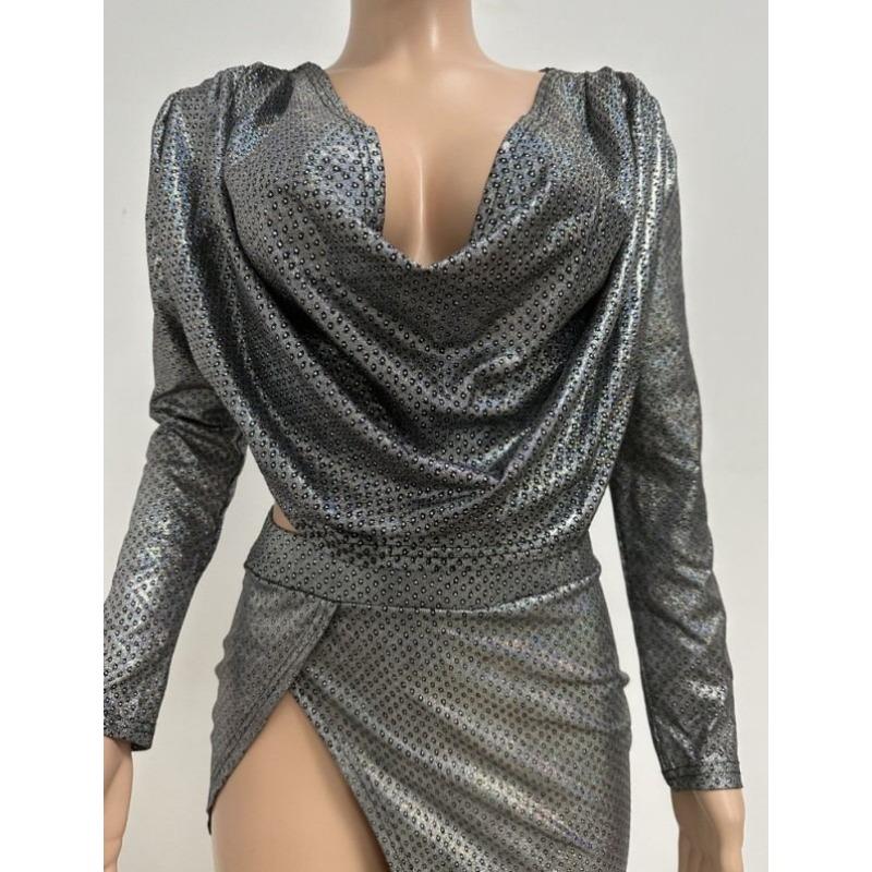 Women's Summer Drip Glue Long Sleeve Suit Women's Fashion Two-piece Deep V Pleated Slit Suit Skirt