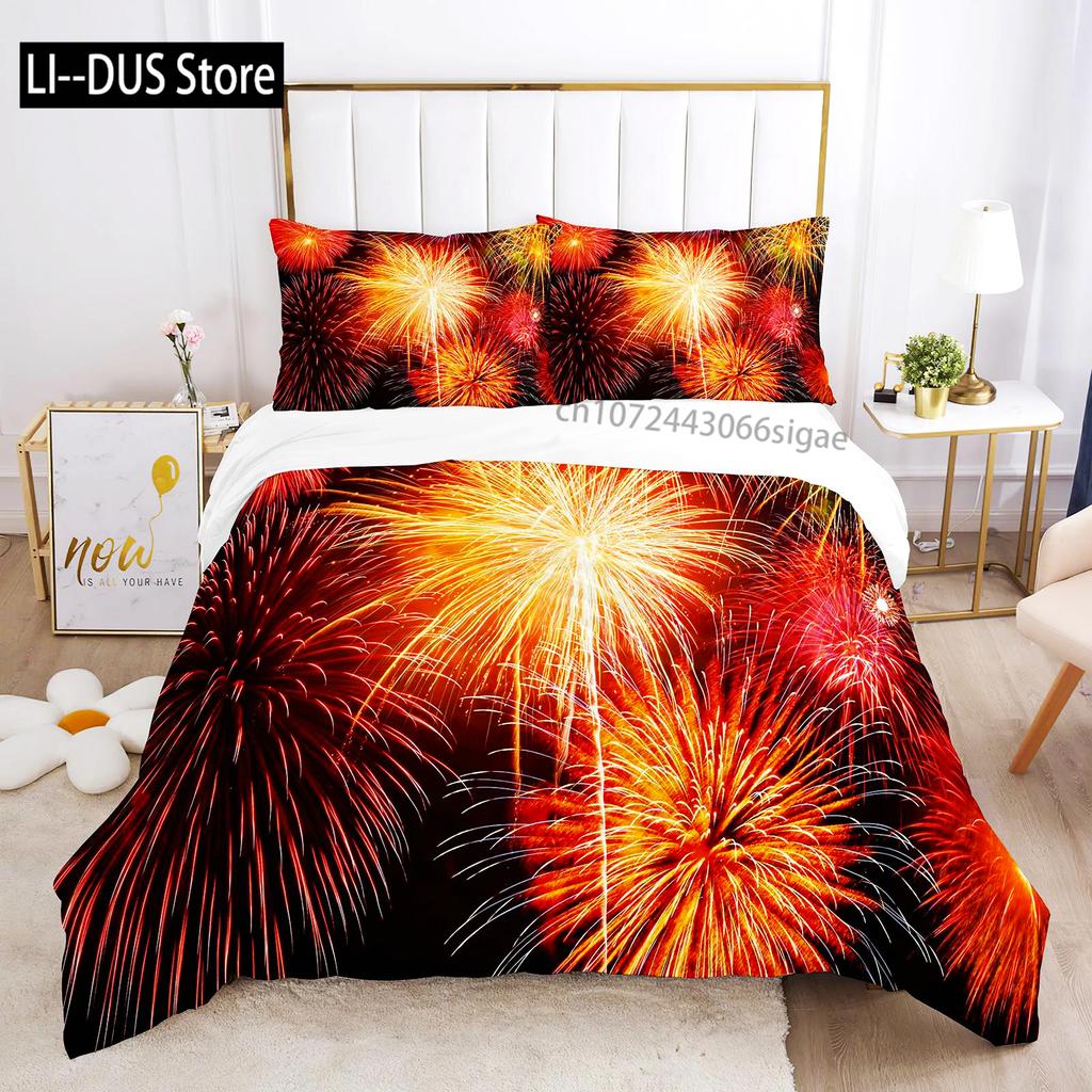 Colourful Fires Bedding Set Washed Cotton Firework Duvet Cover Queen Size Celebrate Merry Christmas Theme Soft Comforter Cover