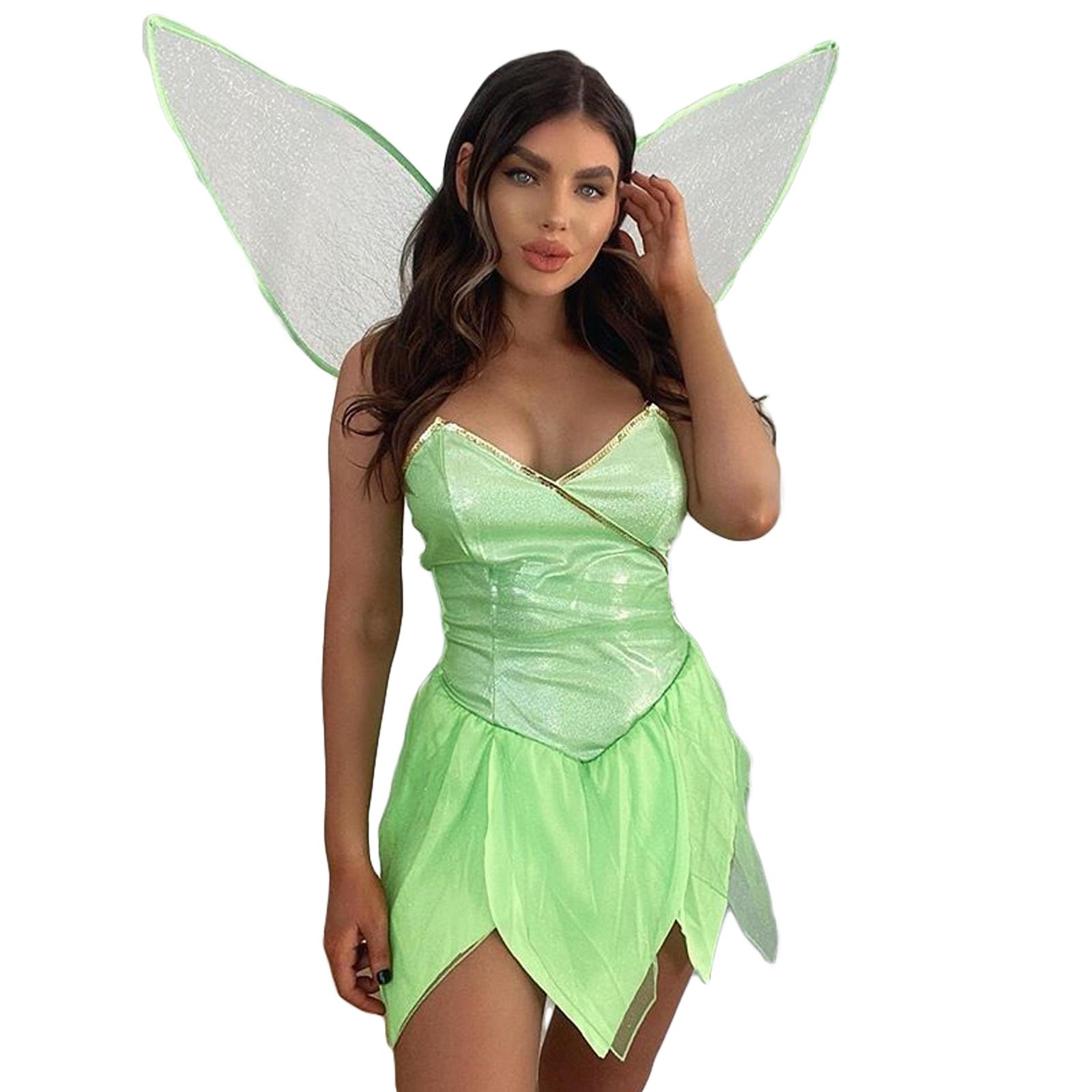

Ladies Halloween Forest Fairy Costume Sexy Solid Color Sequin Tube Tops Short Dress with Wings S зелений