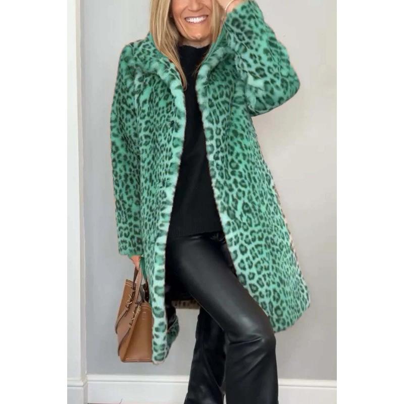 2024 Autumn/Winter Fashionable European and American Leopard Print Plush Mid-Length Jacket