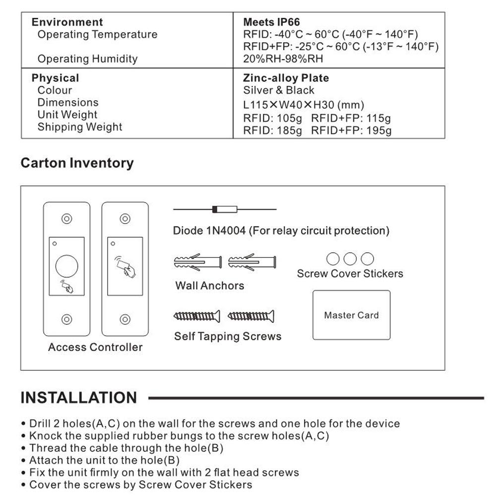 9-18V RFID-Leser Schlüsseloser Türöffner Metall Zugangskontroll-Scanner 100 Benutzer Mini IP66 Wasserdicht Eingebetteter Fingerabdruck-Leser