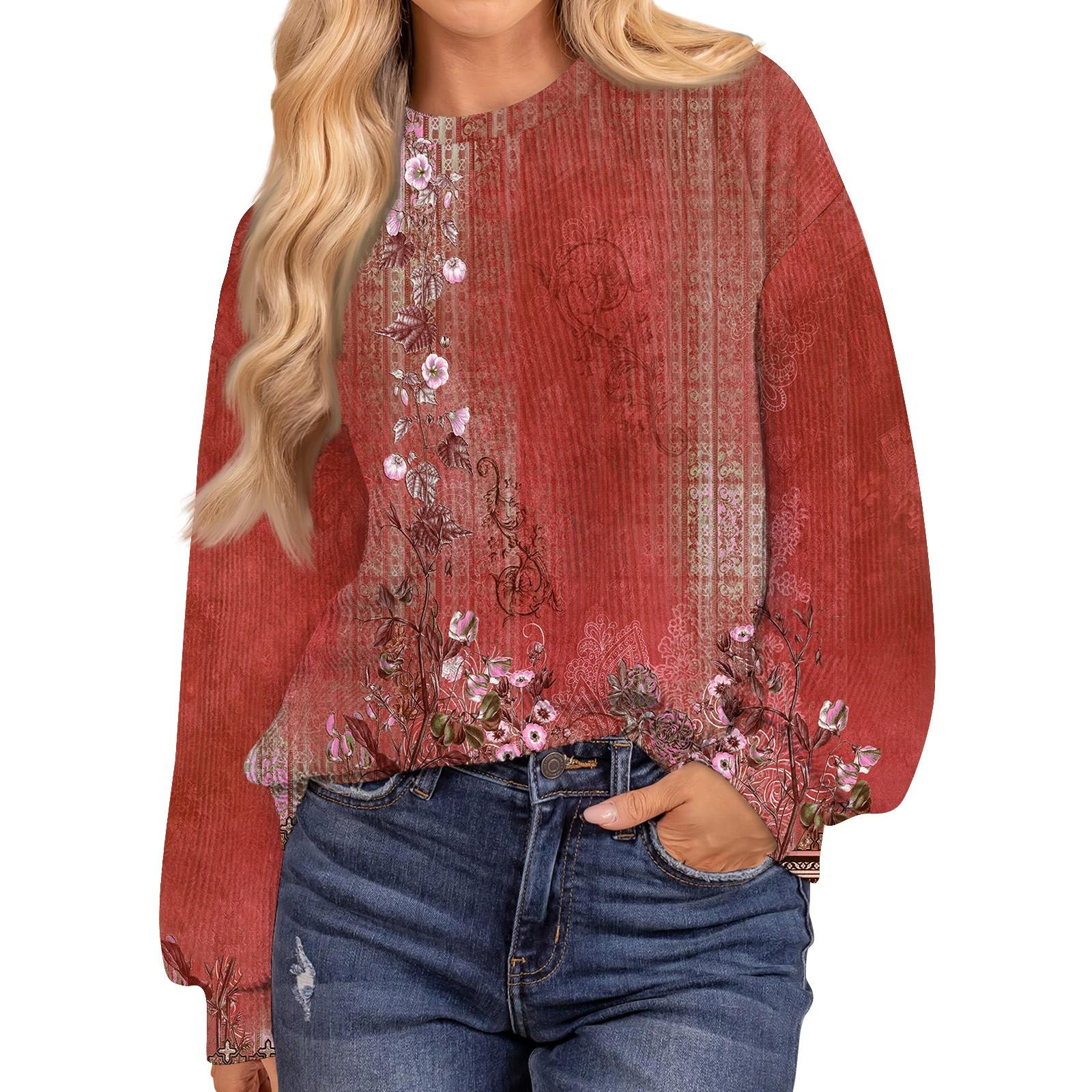 

Женские повседневные свободные туники, топы с круглым вырезом, трикотажные ребристые рубашки с принтом, длинный рукав, пуловер, топ XL красный