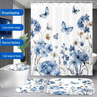 Blauer Schmetterling Badezimmer-Set: Duschvorhang, Badematte, Toilettendeckelbezug, Badezimmerteppich & 12 Haken.